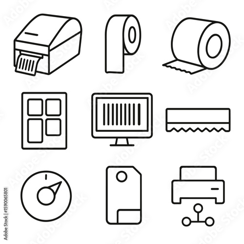 Barcode Printing Icons. Outline style icons of Barcode Printing Station: desktop label printer, ribbon roll, label roll core,