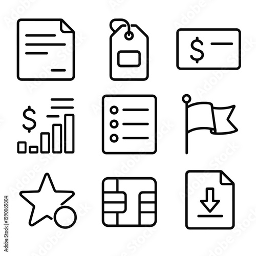 Credit Card Icons. Line style icons of Credit Card Statement: statement sheet, closing date tag, minimum payment box, interest fee