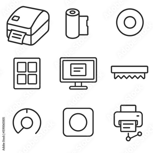 Barcode Printing Icons. Outline style icons of Barcode Printing Station: desktop label printer, ribbon roll, label roll core,