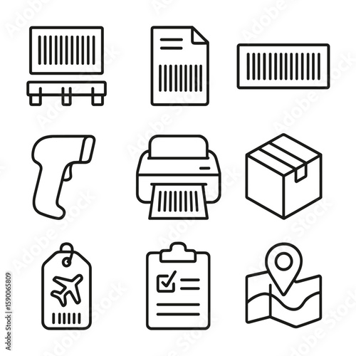 Shipping Icons Collection. Outline style icons of Shipping & Logistics Barcodes: SSCC pallet code, shipping label barcode,