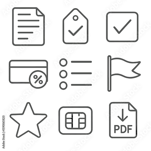 Credit Card Icons. Line style icons of Credit Card Statement: statement sheet, closing date tag, minimum payment box, interest fee