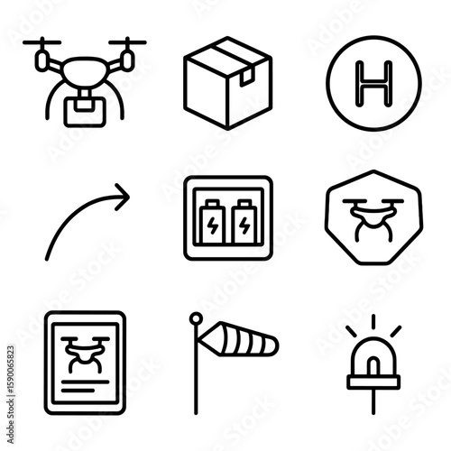 Drone Hub Icons. Line style icons of Delivery Drone Hub: quadcopter drone, payload box, landing pad target, flight path arrow,