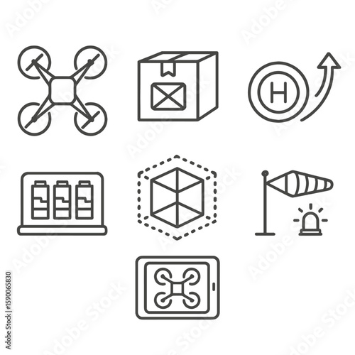 Drone Hub Icons. Line style icons of Delivery Drone Hub: quadcopter drone, payload box, landing pad target, flight path arrow,