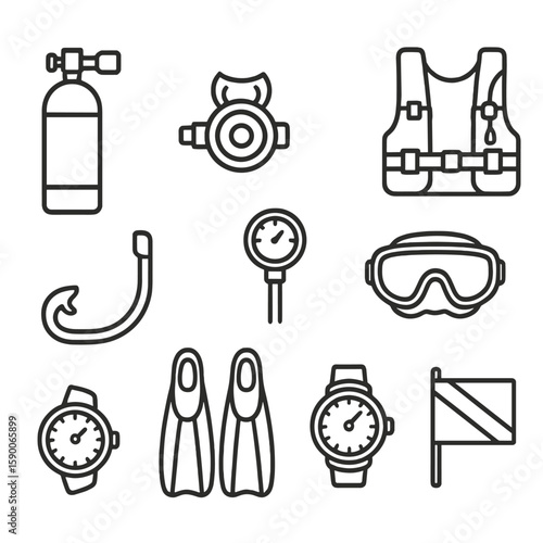Diving Gear Icons. Line style icons of Diving Breathing Gear: scuba tank, regulator mouthpiece, pressure gauge, buoyancy vest,
