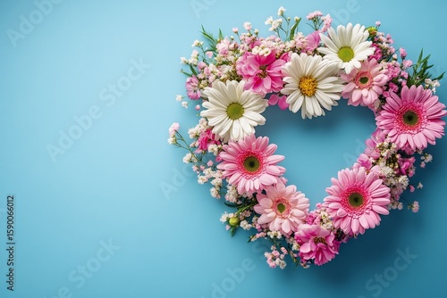 Heart-shaped Arrangement of Flowers in Pink and White on Vibrant Blue Backgro...