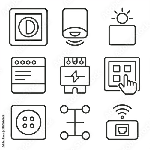 Lighting Control Icons. Line style icons of Lighting Control Systems: wall dimmer, occupancy sensor, daylight sensor, DALI