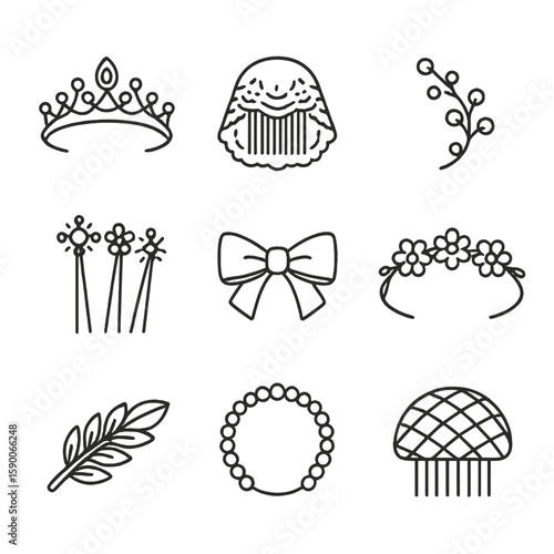 Bridal Hair Accessories. Line style icons of Bridal Hair Accessories: rhinestone tiara, lace veil comb, pearl hair vine, crystal