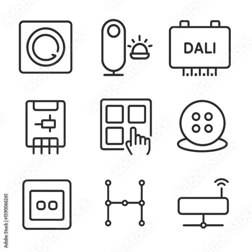 Lighting Control Icons. Line style icons of Lighting Control Systems: wall dimmer, occupancy sensor, daylight sensor, DALI