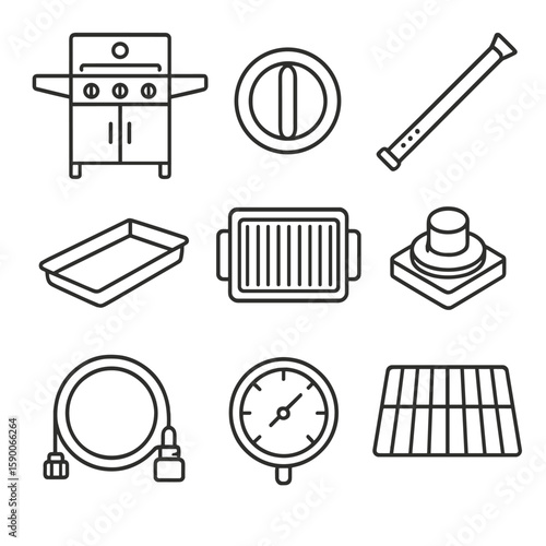 Gas Grill Toolkit Icons. Line style icons of Gas Grill Toolkit: stainless gas grill, control knob, burner tube, drip tray, searing