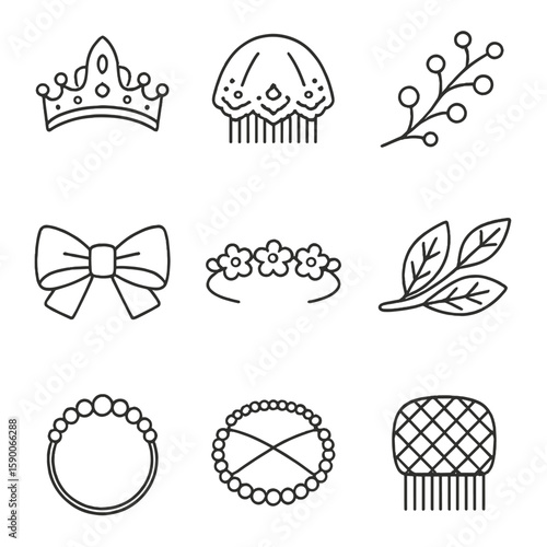 Bridal Hair Accessories. Line style icons of Bridal Hair Accessories: rhinestone tiara, lace veil comb, pearl hair vine, crystal