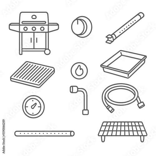 Gas Grill Toolkit Icons. Line style icons of Gas Grill Toolkit: stainless gas grill, control knob, burner tube, drip tray, searing