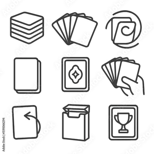 Card Game Icon Set. Line style icons of Card Deck Elements: draw pile stack, discard pile fan, shuffled deck swirl, card sleeve,