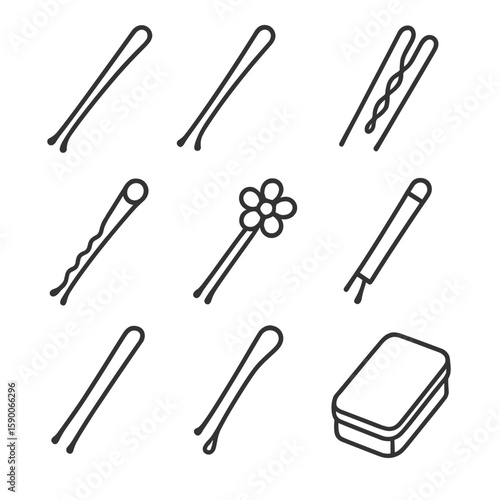 Bobby Pins Icons. Line style icons of Bobby Pins and Grips: classic black pin, blonde match pin, wave grip pin, pearl topped pin,