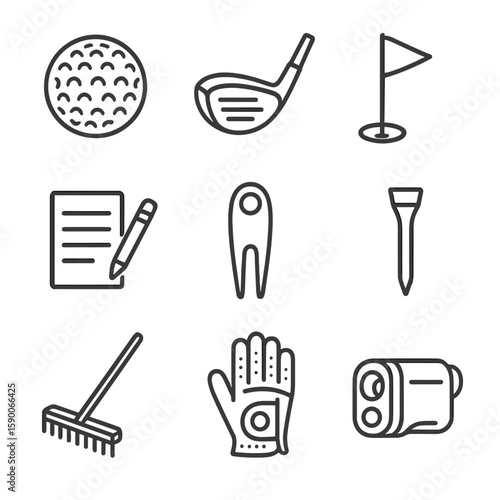 Golf Essentials Icons. Line style icons of Golf Course Round: dimpled golf ball, driver club, flagstick pin, scorecard pencil,
