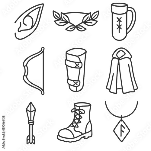 Elf Archer Gear Icons. Line style icons of Fantasy Elf Archer Gear: pointed ear cuff, leaf circlet, leather quiver, recurve bow,