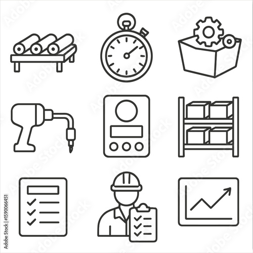 Proto-Assembly Line Icons. Line style icons of Proto-Assembly Line: conveyor rollers, timed workstation clock, parts bin, hand