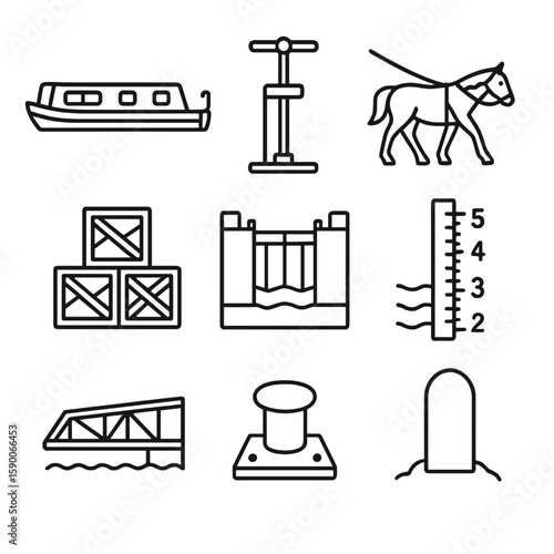 Canal Barge Transport Icons. Line style icons of Canal & Barge Transport: narrowboat barge, lock gate crank, towpath horse, cargo