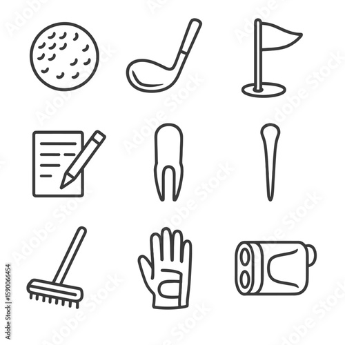 Golf Essentials Icons. Line style icons of Golf Course Round: dimpled golf ball, driver club, flagstick pin, scorecard pencil,