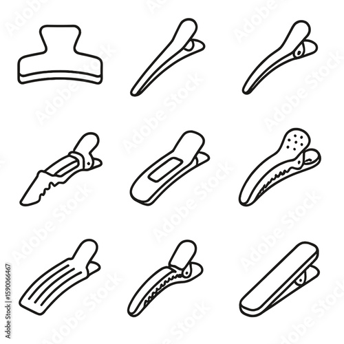 Salon Clip Icons. Line style icons of Professional Salon Section Clips: wide jaw clip, duckbill clip, crocodile clip, double hinge
