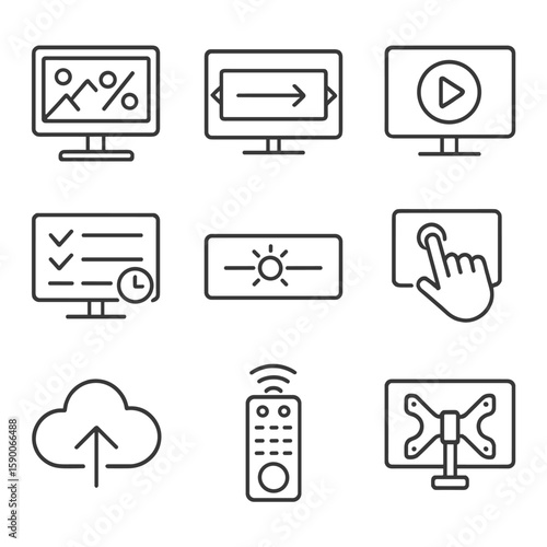 Digital Signage Icons. Line style icons of Digital Signage Content: promo slideshow, rotating banner, video loop icon, playlist