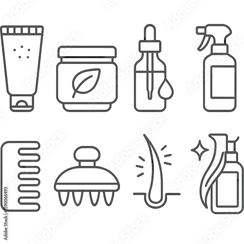 Haircare Essentials Line Icons. Line style icons of Scalp & Hair Treatment: scalp scrub tube, nourishing hair mask jar, argan oil