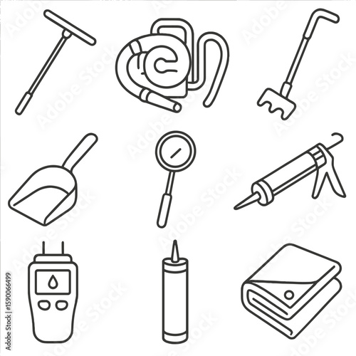 Roof Maintenance Icons. Line style icons of Roof Maintenance Tools: telescopic roof rake, debris blower, moss scraper, gutter