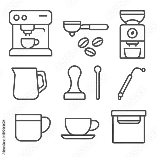 Coffee Brewing Icons. Line style icons of Coffee Brewing Station: espresso machine, portafilter handle, coffee bean scoop, burr