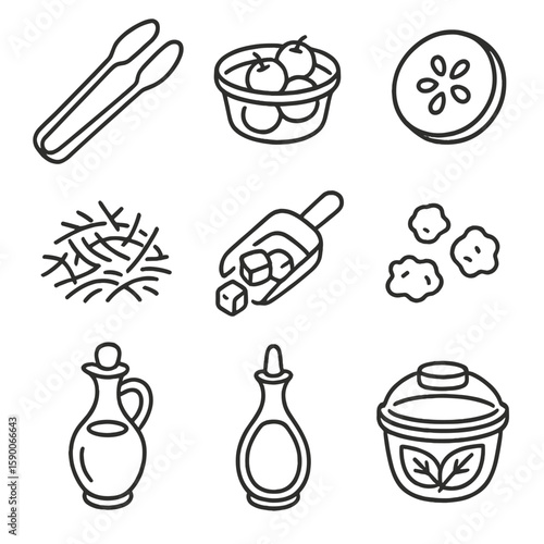 Salad Bar Icons. Line style icons of Salad Bar Essentials: lettuce tongs, cherry tomato cup, cucumber slice, shredded carrot,