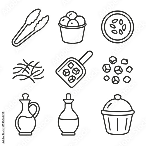 Salad Bar Icons. Line style icons of Salad Bar Essentials: lettuce tongs, cherry tomato cup, cucumber slice, shredded carrot,
