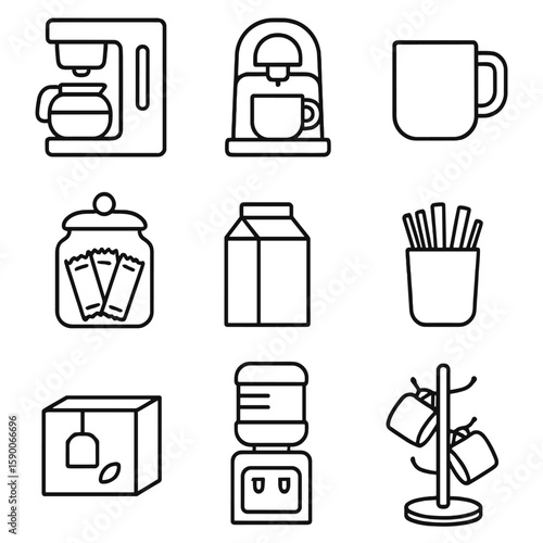 Breakroom Coffee Icons. Line style icons of Breakroom Coffee Corner: drip coffee maker, espresso pod machine, coffee mug, sugar