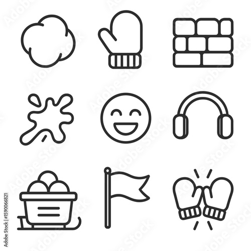 Snowball Fight Essentials. Line style icons of Snowball Fight Kit: packed snowball, wool mitt glove, snow fort wall, flying snow