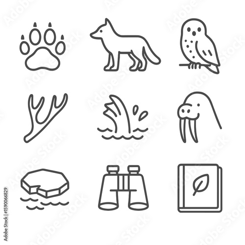 Arctic Wildlife Icons. Line style icons of Arctic Wildlife Watch: polar bear print, arctic fox silhouette, snowy owl perch,