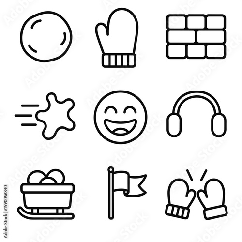 Snowball Fight Essentials. Line style icons of Snowball Fight Kit: packed snowball, wool mitt glove, snow fort wall, flying snow