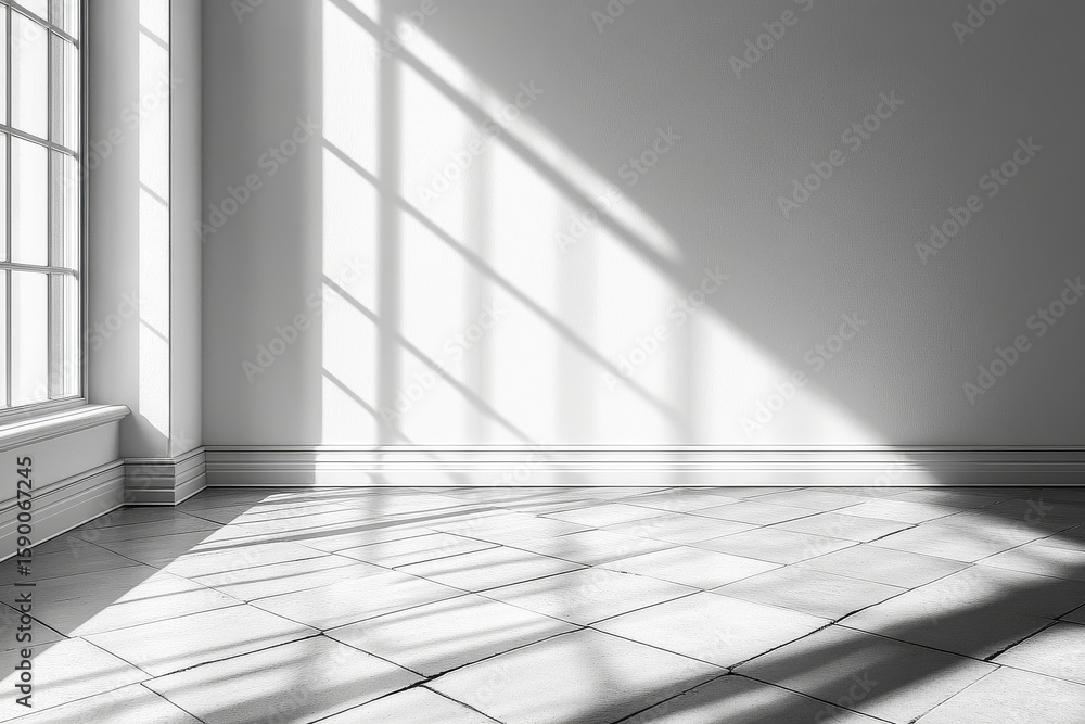 Obraz premium Bright Sunlight Creates Striking Patterns on a Minimalist Room With Large Windows in the Afternoon