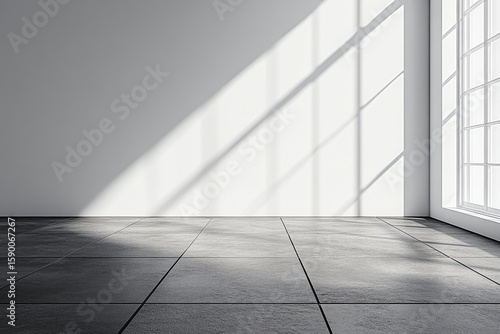 Bright Sunlight Creates Striking Patterns on a Minimalist Room With Large Win...