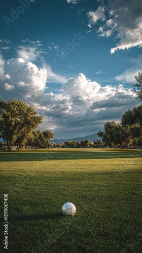 Soccer Ball Resting on Green Grass Under a Cloudy Sky in a Park During Late A...