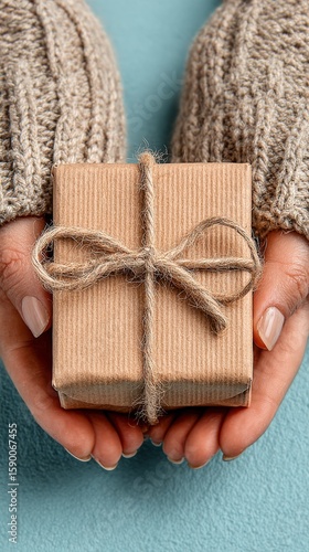 Handmade Gift Wrapped in Burlap Held by Cozy Hands Against a Blue Background.