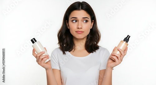A woman's thoughtful comparison of two cosmetic products, showing indecision and choosing the best. 