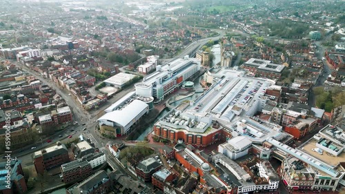 Aerial shot over Reading Center. Daytime Berkshire UK