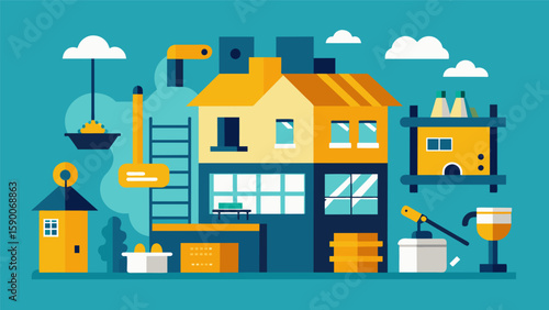 As the construction project nears the end the eleventh illustration shows the addition of furnishings appliances and other final details to make the. Vector illustration