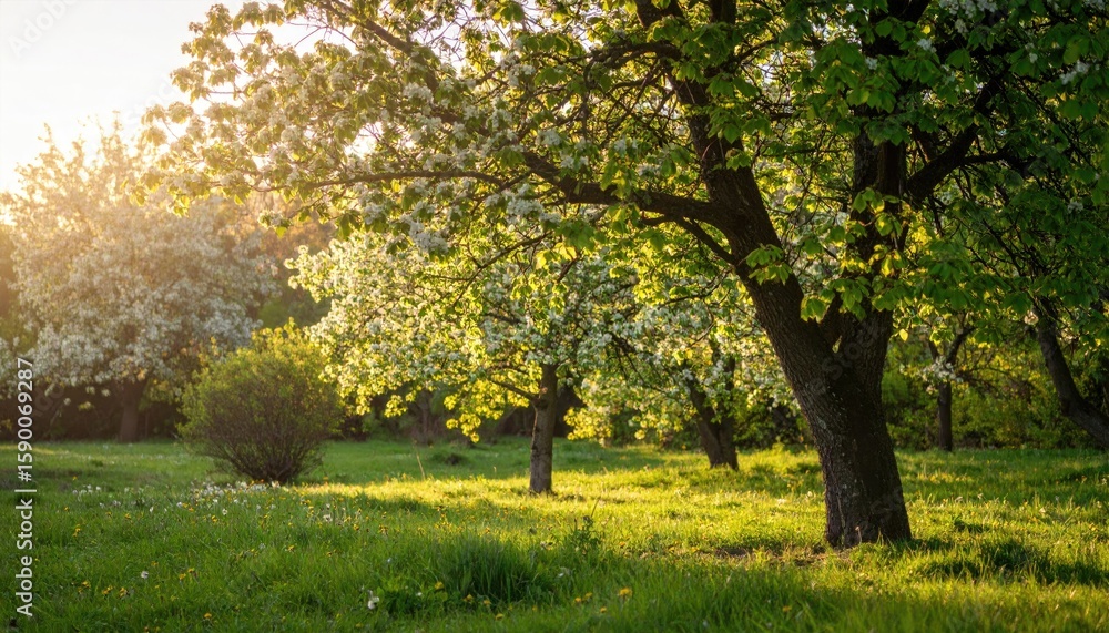 Naklejka premium Blooming trees in a sun-drenched meadow