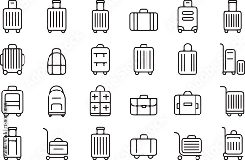 Collection of black line art luggage and bags suitcase