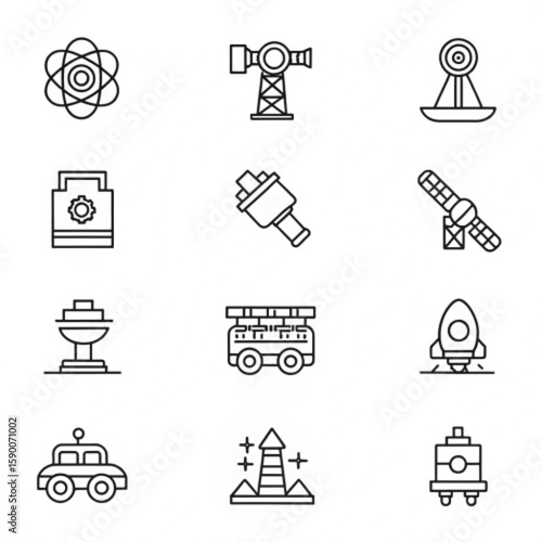 fully editable outline icon collection from astronomy concept. thin line icons set such as planetarium, aerolite, big telescope, little extraterrestrial, seta lite, car, bus, rocket,  switch  
