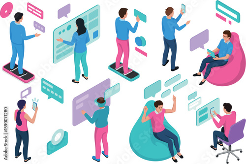 Isometric illustration of people interacting with virtual screens and using technology devices


