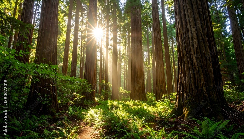 Fototapeta premium Sunlight filtering through giant redwood trees