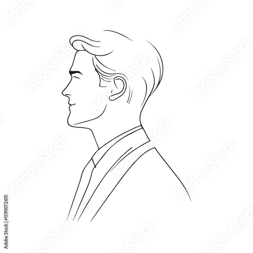 Hand-drawn side profile of confident young Caucasian male lawyer in suit, minimalist continuous line sketch for legal consulting, attorney branding, or justice system design on transparent background.