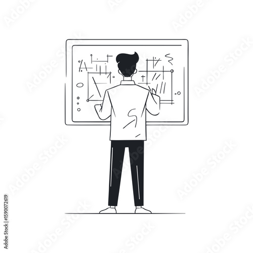 Minimalist black line drawing of Caucasian male mathematician facing digital whiteboard full of geometric formulas, STEM education and data science concept on transparent background.