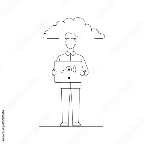 Minimalist black line illustration of Caucasian male meteorologist holding forecast chart under cloud, abstract doodle icon for weather apps, science infographics on transparent background.