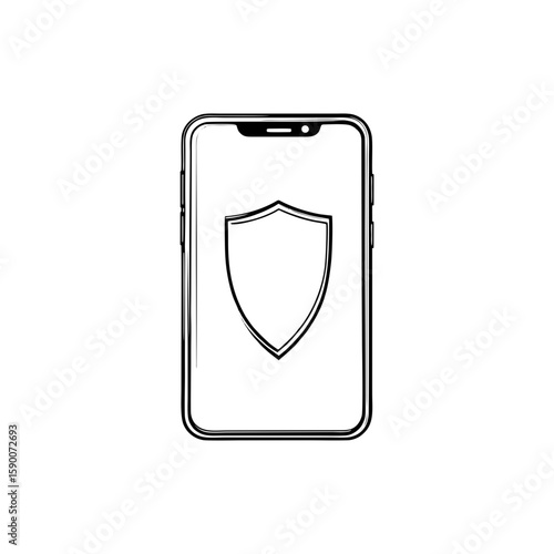Black line doodle of smartphone with security shield symbol, mobile cybersecurity icon in abstract style for tech articles, data privacy, apps and security blogs on transparent background.