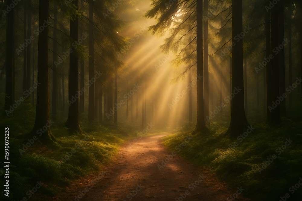 Obraz premium Sunlit Path in Dense Forest with Morning Mist